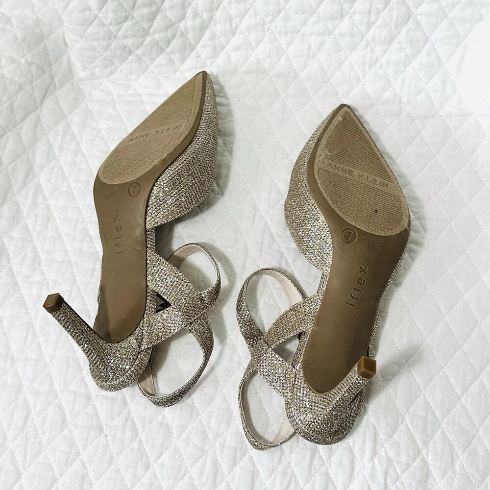 Anne Klein Glitter Ankle Strap Stiletto Pump Gold Pointed Toe Synthetic - Picture 4 of 4